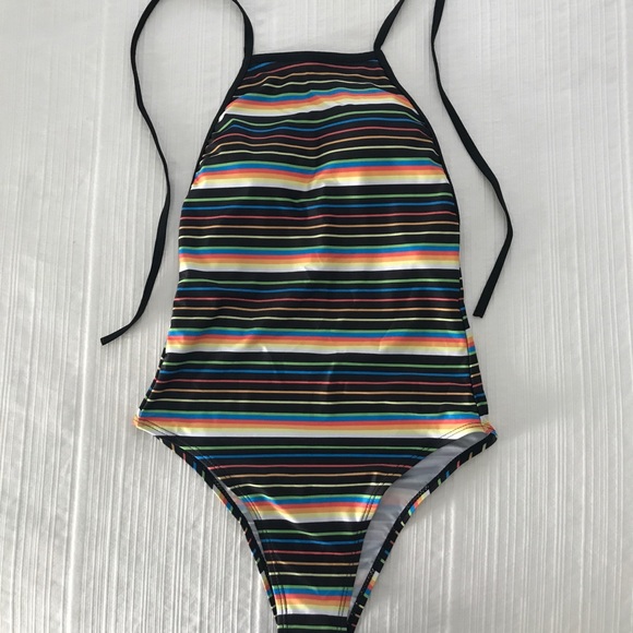 New Striped Halter Retro One Piece Swim Body Suit - Picture 2 of 7